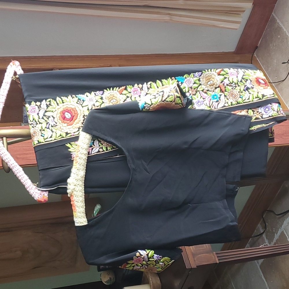 Black silk gorgette saree with floral Parsi Gara embroidery